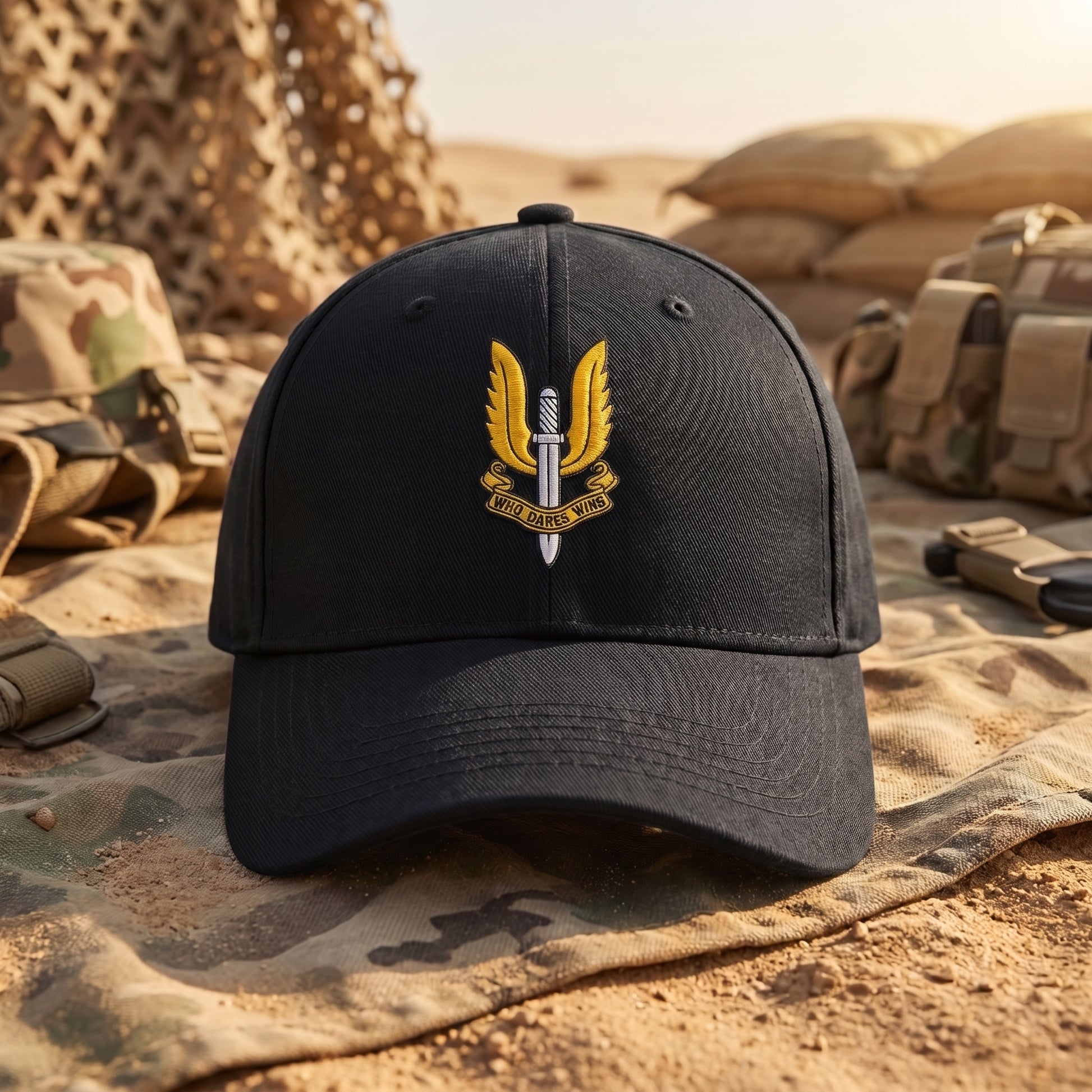 A black baseball cap with a gold and silver military-style SAS Who Dares Wins insignia on the front, resting on a sandy desert background with camouflage gear and military vehicles in the distance.