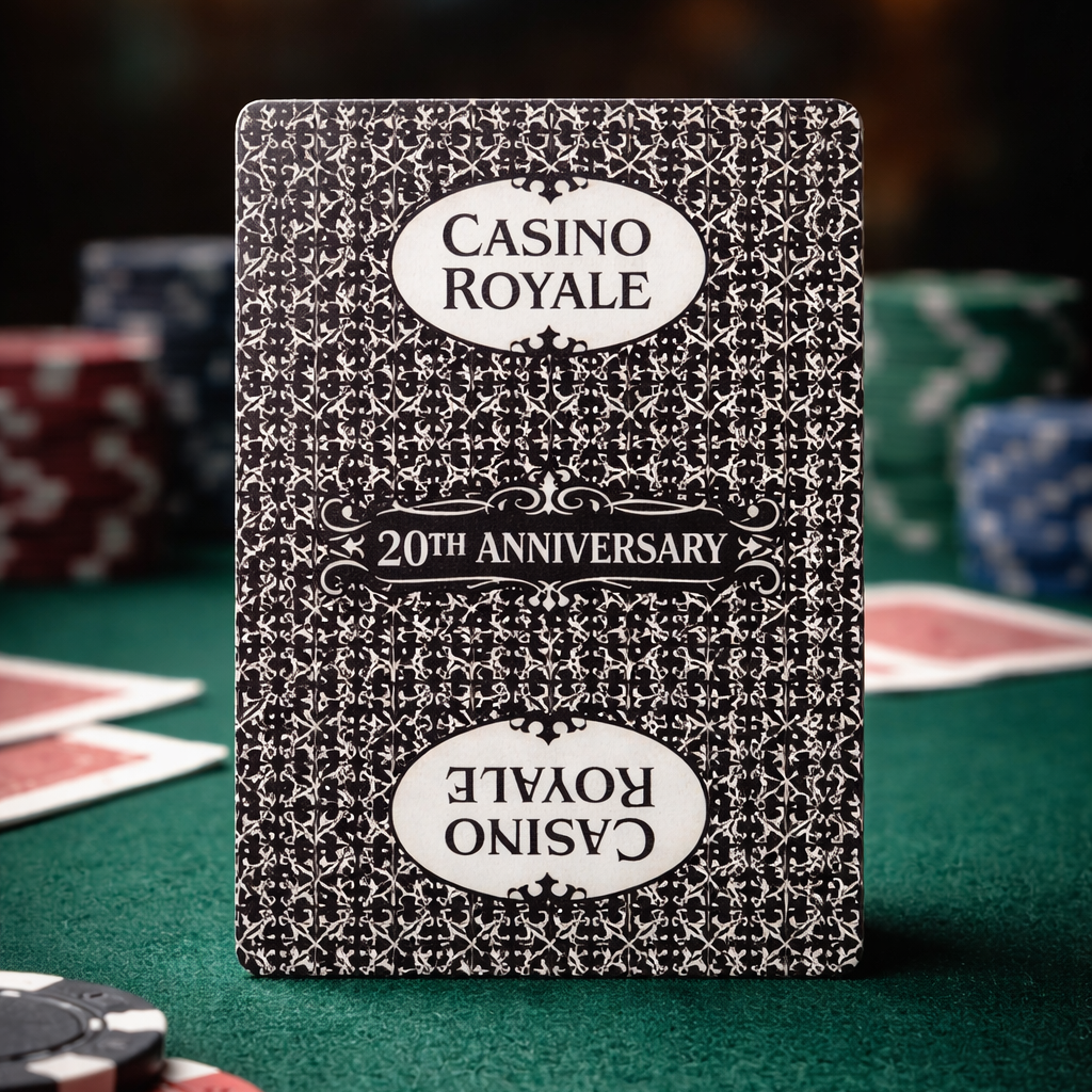 Casino Royale 20th Anniversary playing cards on a green felt surface with poker chips.