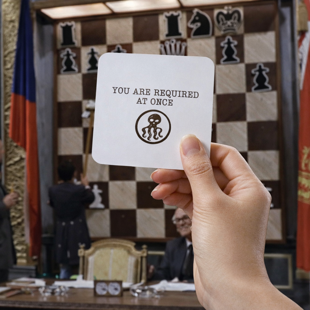 Hand holding a card with text and symbol in an indoor setting with flags and people.