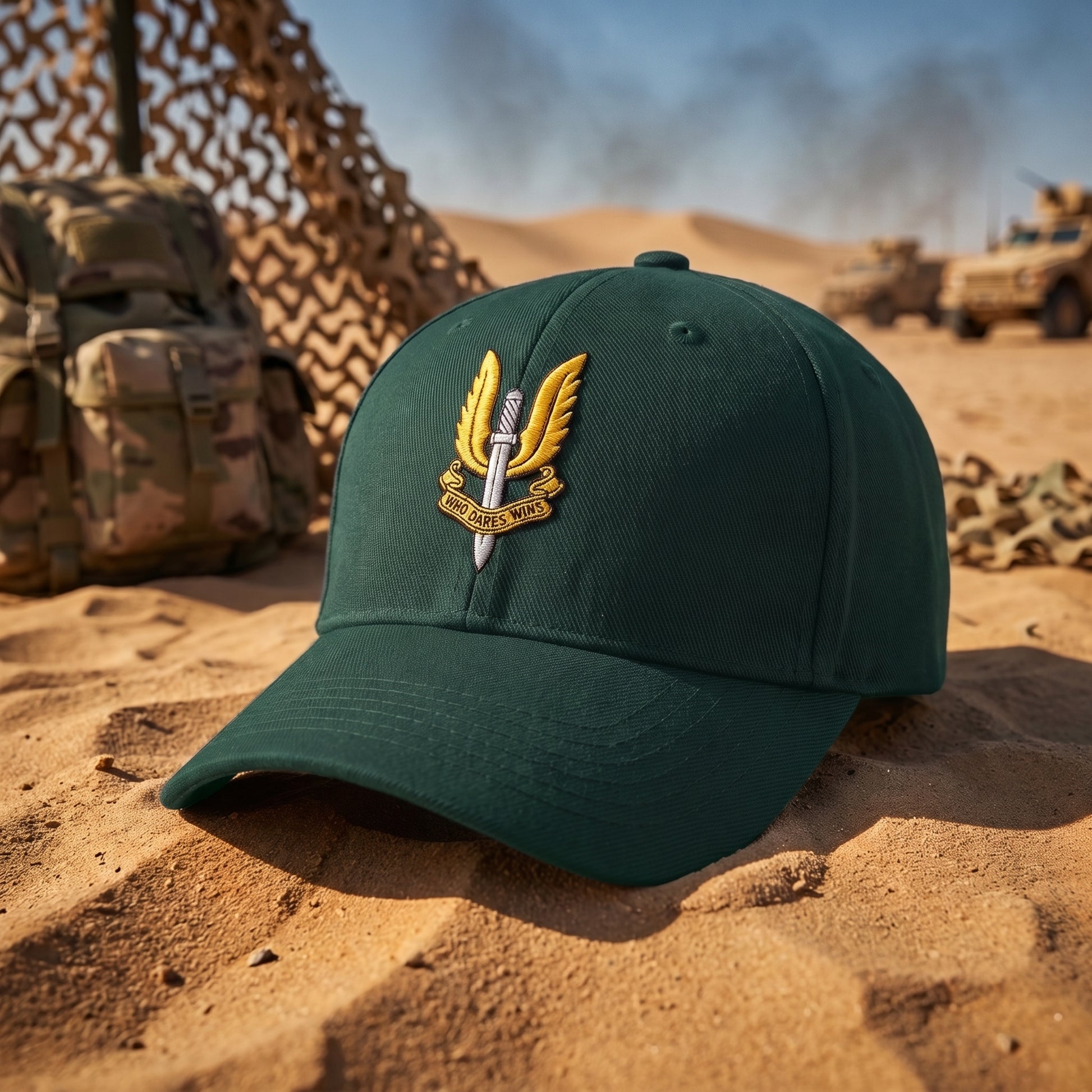 A green baseball cap with a gold and silver military-style SAS Who Dares Wins insignia on the front, resting on a sandy desert background with camouflage gear and military vehicles in the distance.
