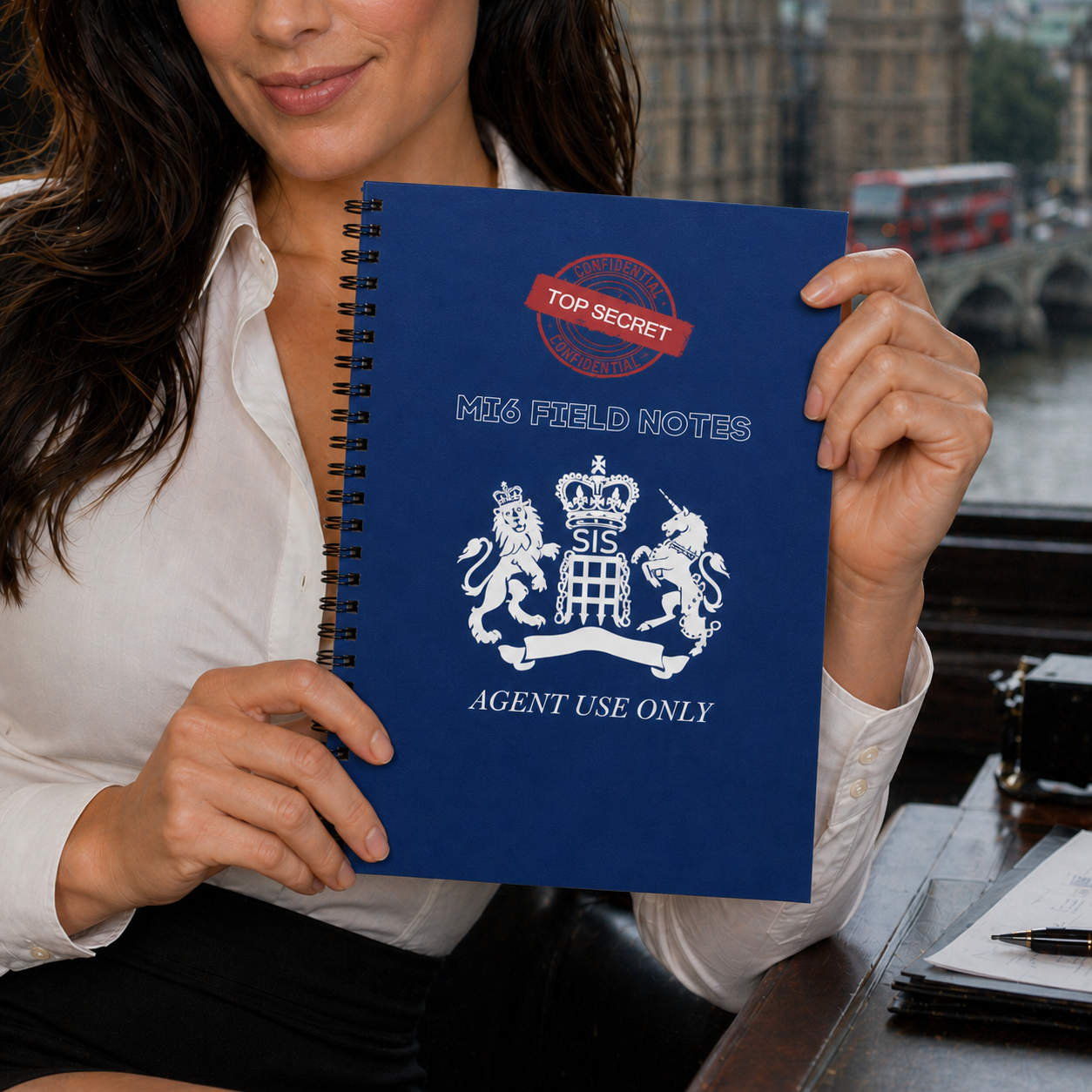 Moneypenny holding up a James Bond MI6 Field Notebook in a posh london office