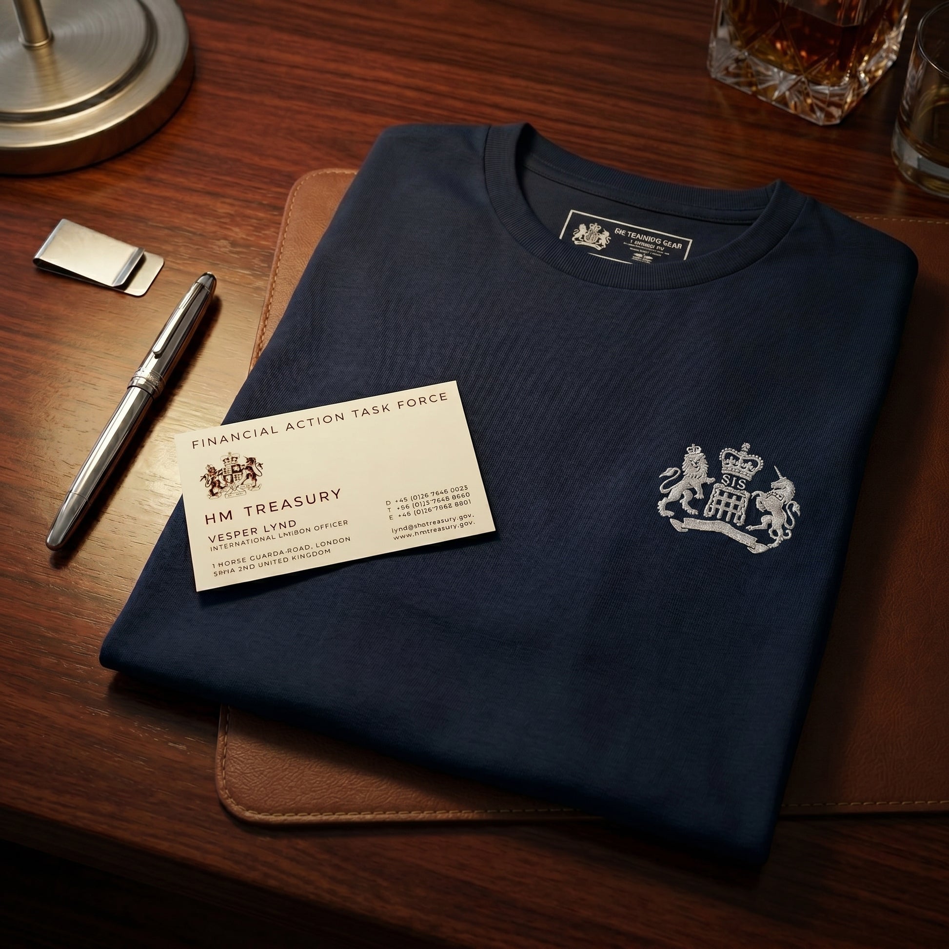 James Bond T-Shirt with Embroidered S.I.S. Logo from Skyfall Closeup on desk with Vesper's business card