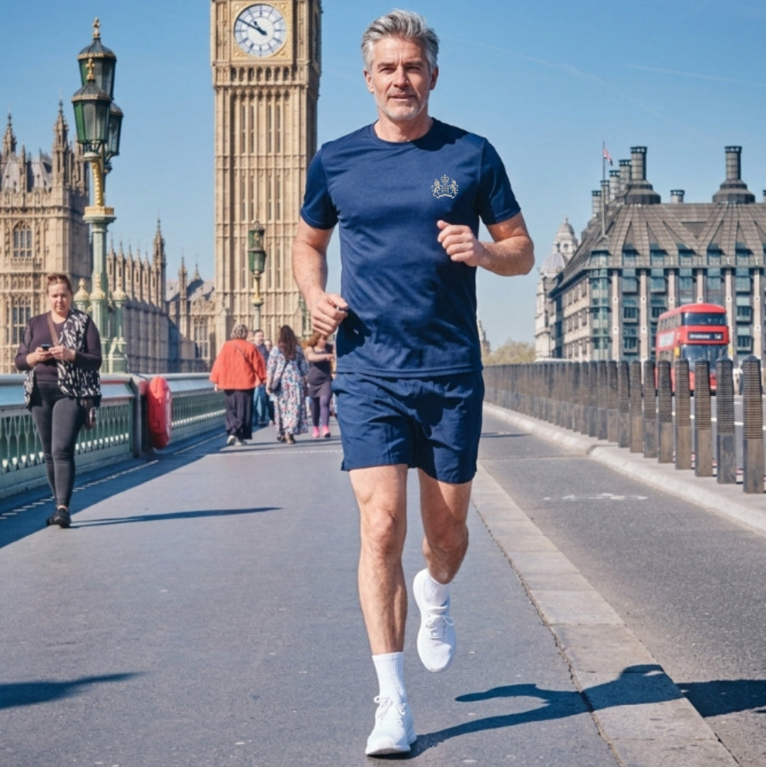 Man running on a bridge with Big Ben in the background