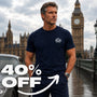 Man wearing a James Bond navy blue t-shirt with a logo in front of Big Ben, with '40% OFF' text overlay.