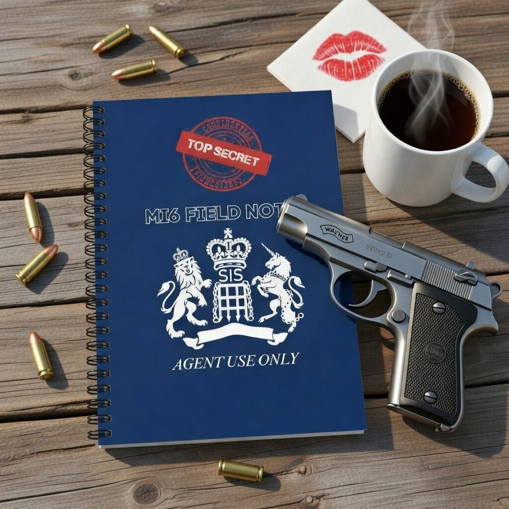 Blue notebook with 'Top Secret' and 'MI6 Field Notes' branding, gun, coffee, and bullets on a wooden surface.