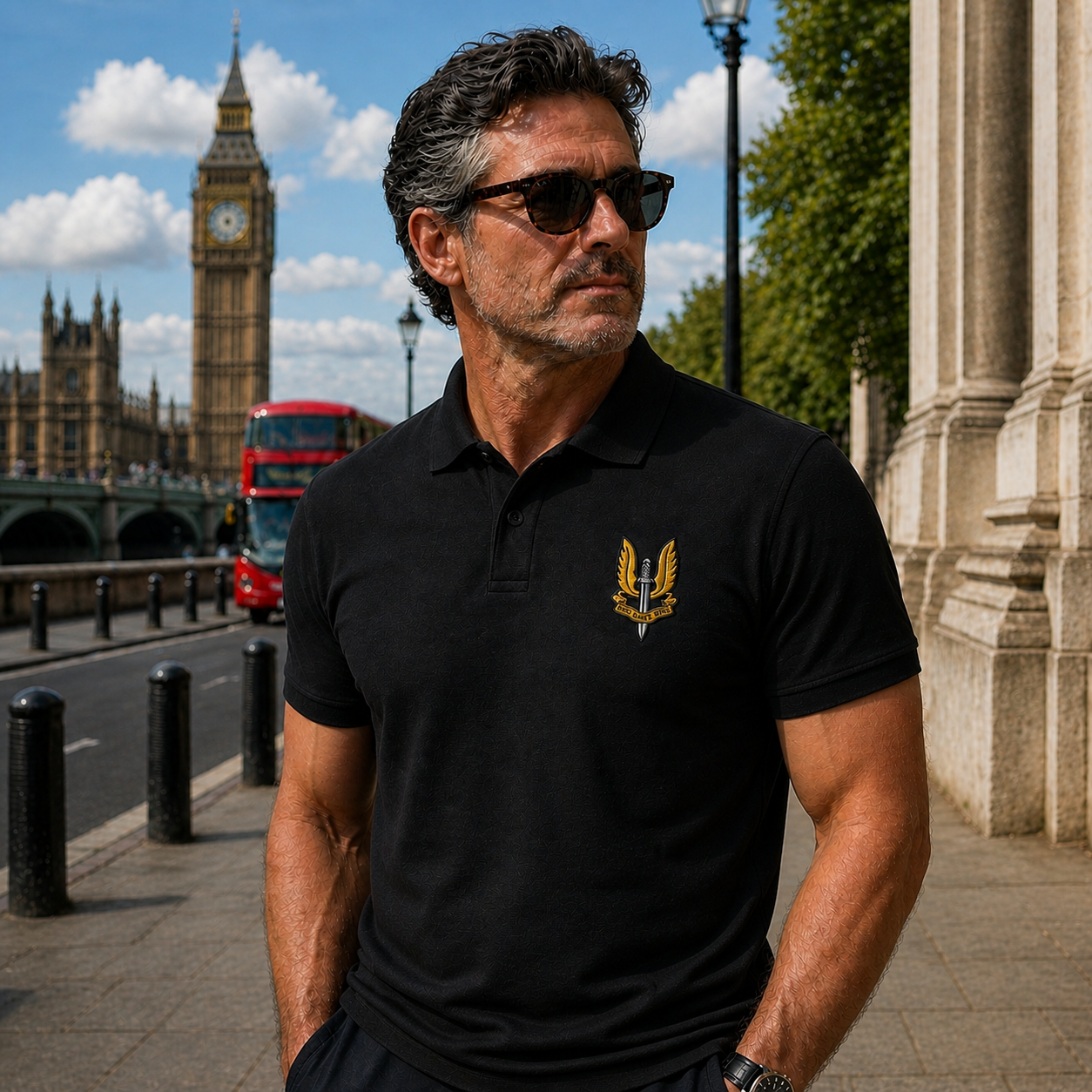Man wearing a black SAS: Special Air Service Pique Polo shirt with an emblem in front of Big Ben and a red bus in London England