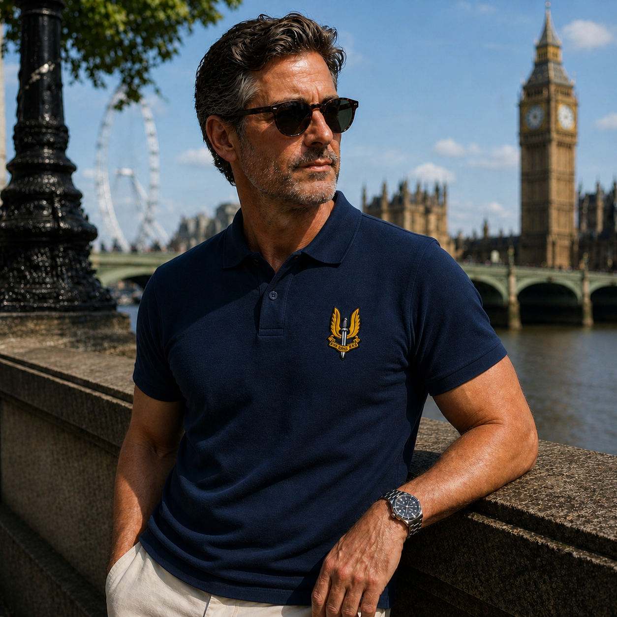 Man wearing a SAS: Special Air Service Pique Polo Shirt in Navy with a logo in front of the London Eye and Big Ben.