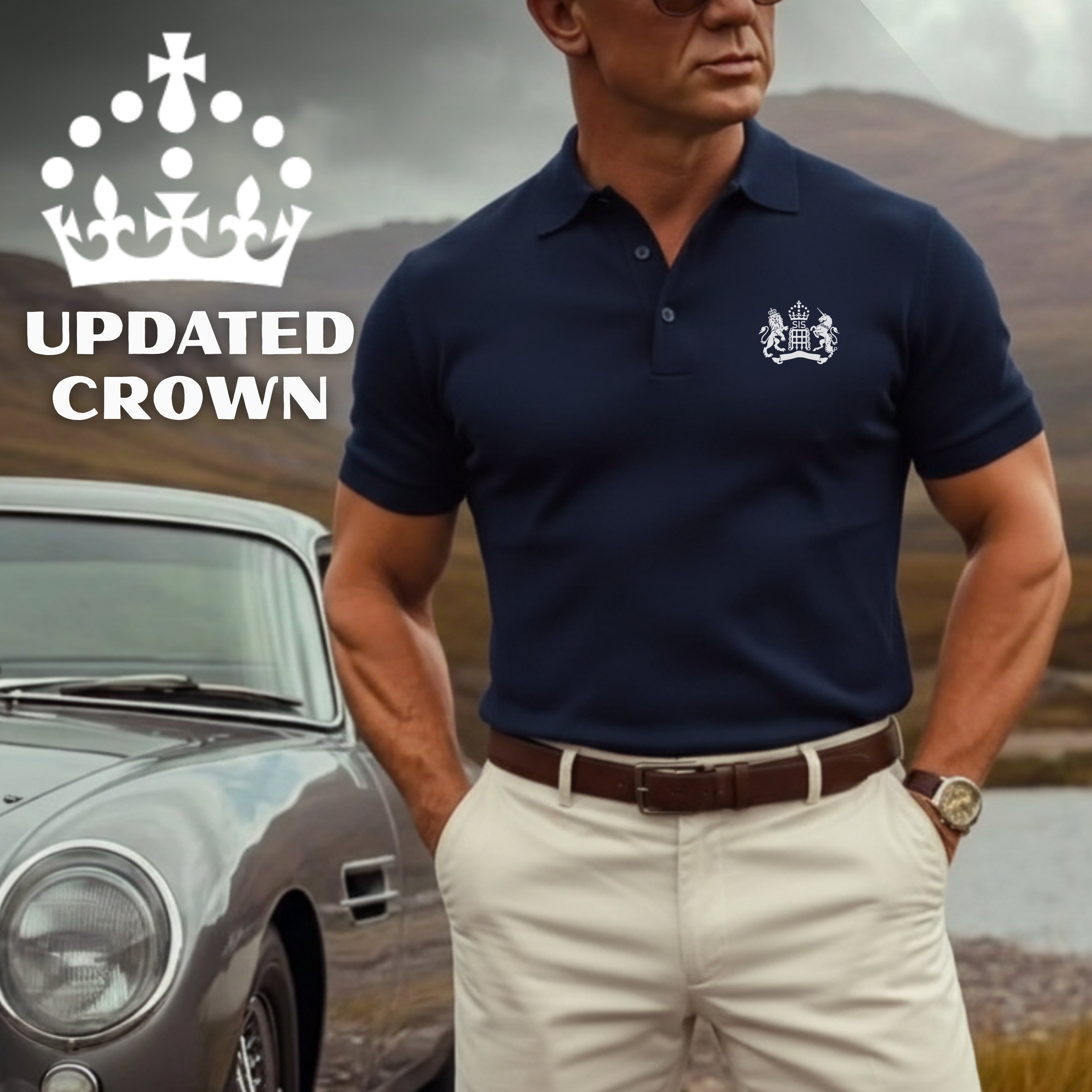 Man wearing a navy polo shirt with updated UK King's Crown logo, standing next to an Aston Martin DB5 car in a scenic Skyfall location.