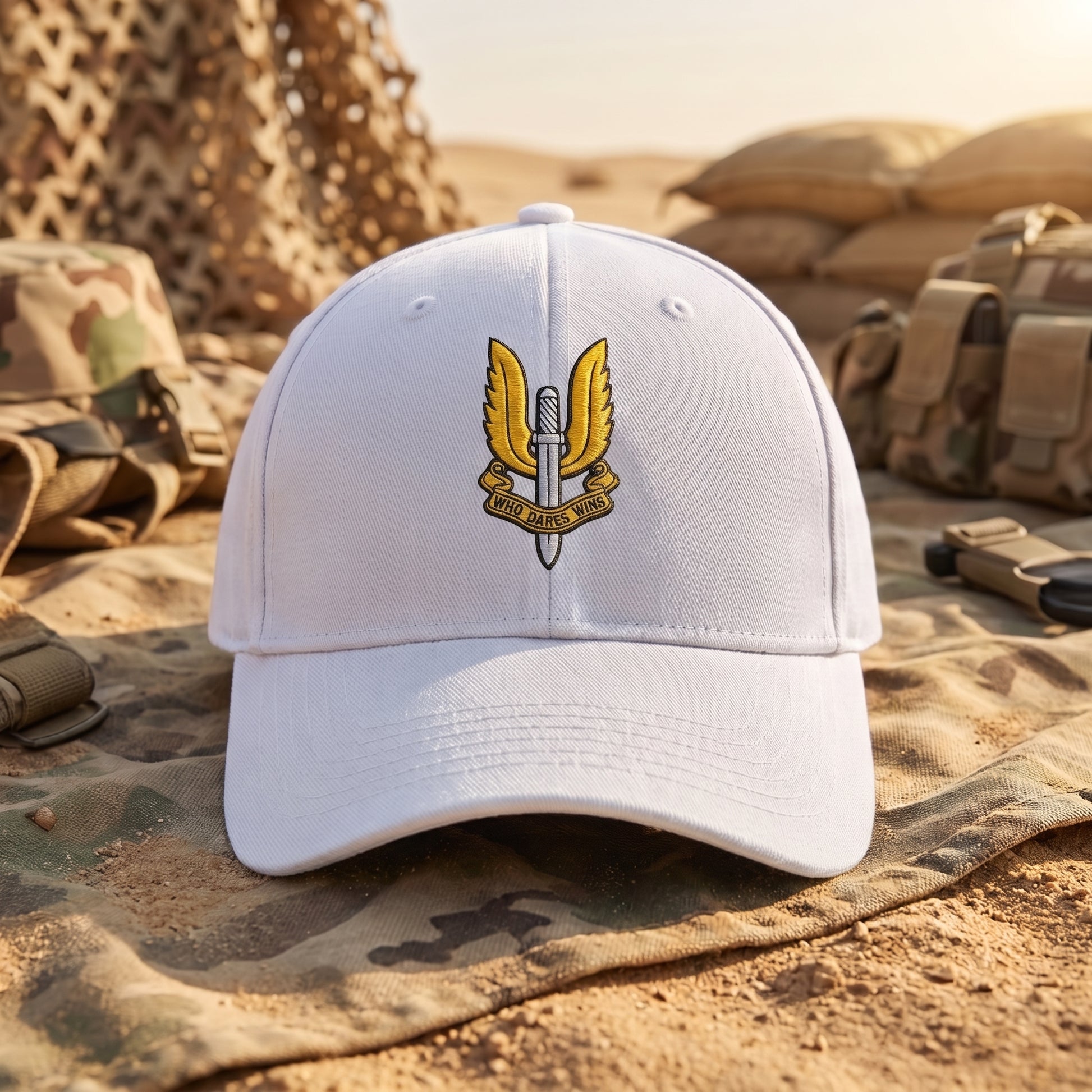 A white baseball cap with a gold and silver military-style SAS Who Dares Wins insignia on the front, resting on a sandy desert background with camouflage gear and military vehicles in the distance.
