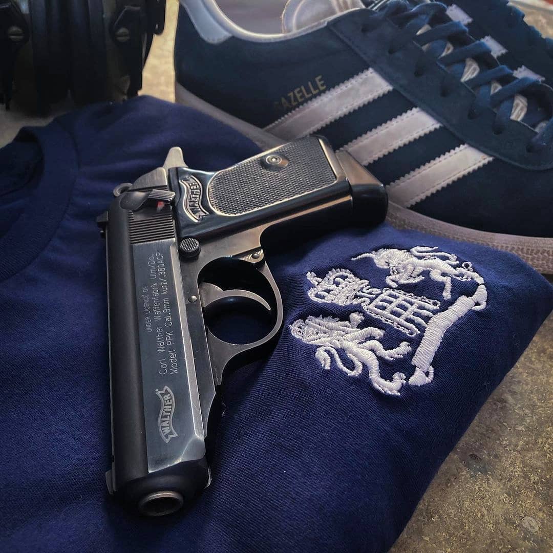 James Bond Long Sleeve Shirt worn in Skyfall close up of logo with Walther PPK