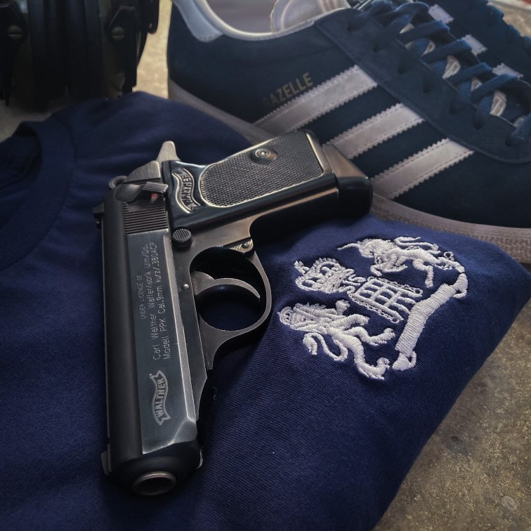James Bond T-Shirt with Embroidered S.I.S. Logo from Skyfall Closeup with Walther PPK